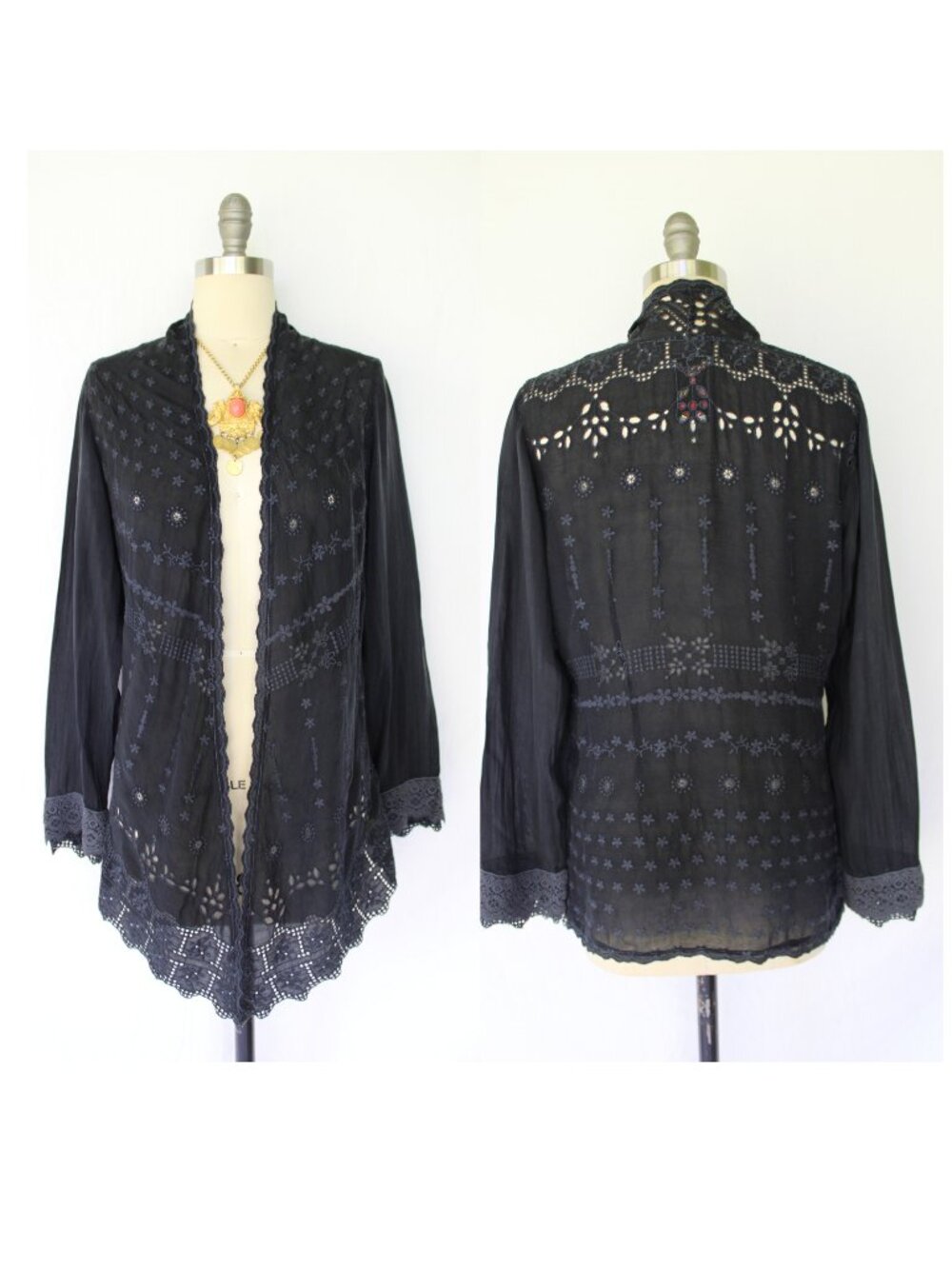 Johnny Was black eyelet crochet lace embroidered tunic kimono jacket top Biya S